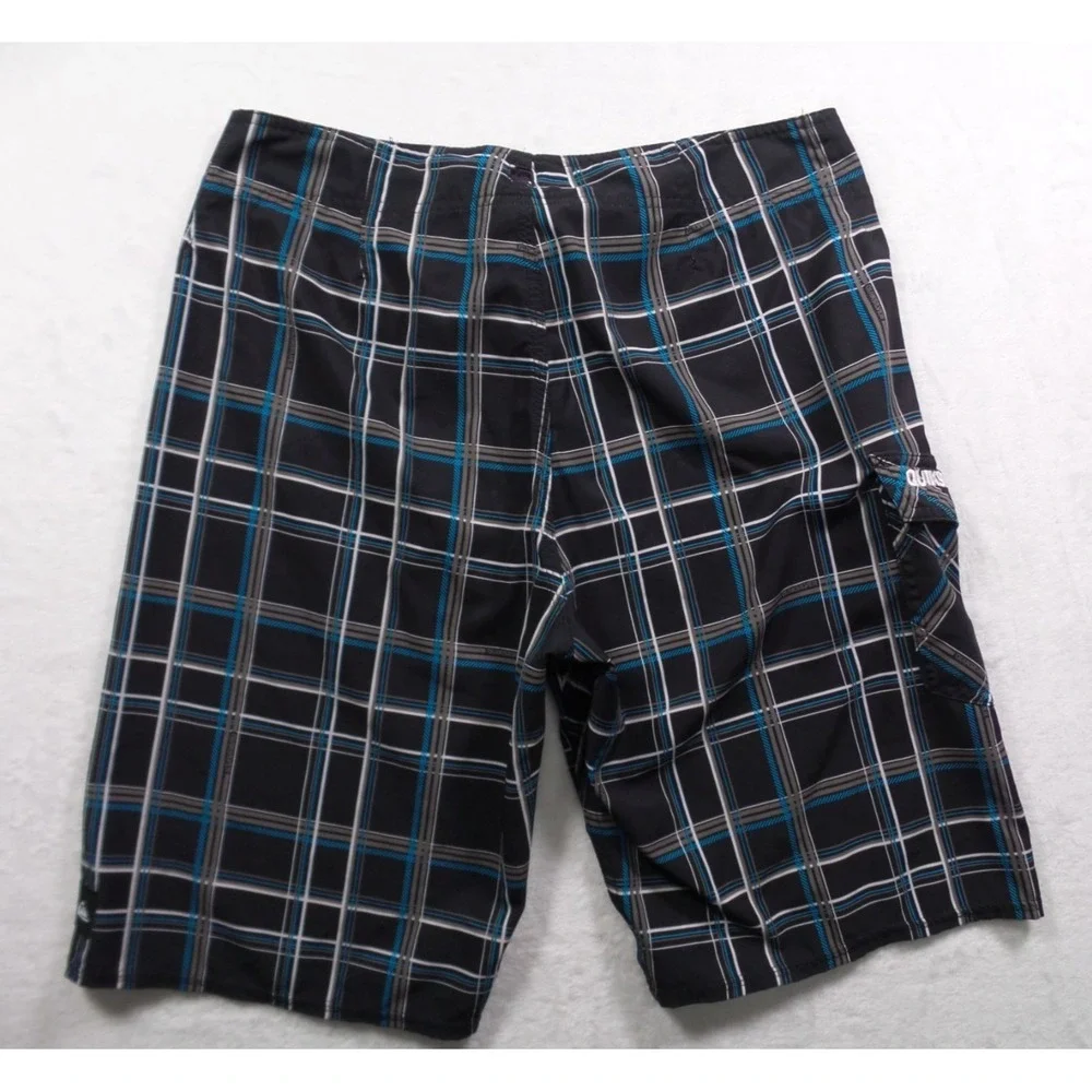 Quiksilver Shorts Mens 33‎ Black Plaid Stretch Boardshorts Pocket Drawstring